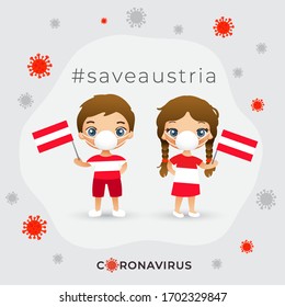 Set of boy and girl wearing surgical mask preventing coronavirus with national flag : Austria : Vector Illustration