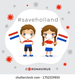 Set of boy and girl wearing surgical mask preventing coronavirus with national flag : Holland : Vector Illustration