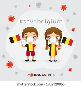 Set of boy and girl wearing surgical mask preventing coronavirus with national flag : Belgium : Vector Illustration
