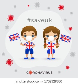 Set of boy and girl wearing surgical mask preventing coronavirus with national flag : United Kingdom : Vector Illustration