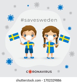 Set of boy and girl wearing surgical mask preventing coronavirus with national flag : Sweden : Vector Illustration