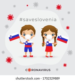 Set of boy and girl wearing surgical mask preventing coronavirus with national flag : Slovenia : Vector Illustration