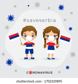 Set of boy and girl wearing surgical mask preventing coronavirus with national flag : Serbia : Vector Illustration