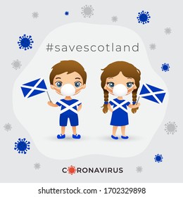 Set of boy and girl wearing surgical mask preventing coronavirus with national flag : Scotland : Vector Illustration