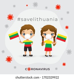 Set of boy and girl wearing surgical mask preventing coronavirus with national flag : Lithuania : Vector Illustration