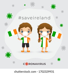 Set of boy and girl wearing surgical mask preventing coronavirus with national flag : Ireland : Vector Illustration