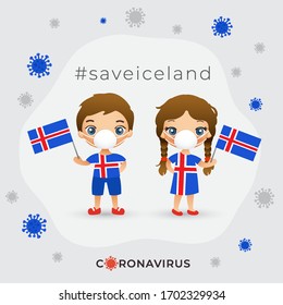 Set of boy and girl wearing surgical mask preventing coronavirus with national flag : Iceland : Vector Illustration