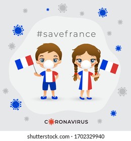 Set of boy and girl wearing surgical mask preventing coronavirus with national flag : France : Vector Illustration