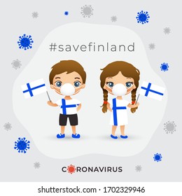 Set of boy and girl wearing surgical mask preventing coronavirus with national flag : Finland : Vector Illustration