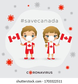 Set of boy and girl wearing surgical mask preventing coronavirus with national flag : Canada : Vector Illustration