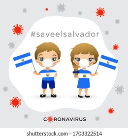 Set of boy and girl wearing surgical mask preventing coronavirus with national flag : El Salvador : Vector Illustration