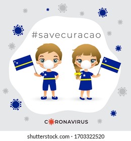 Set of boy and girl wearing surgical mask preventing coronavirus with national flag : Curacao : Vector Illustration