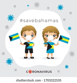 Set of boy and girl wearing surgical mask preventing coronavirus with national flag : Bahamas : Vector Illustration