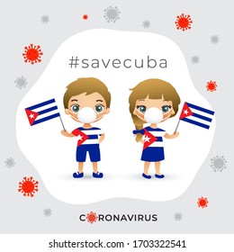Set of boy and girl wearing surgical mask preventing coronavirus with national flag : Cuba : Vector Illustration