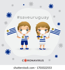 Set of boy and girl wearing surgical mask preventing coronavirus with national flag : Uruguay : Vector Illustration