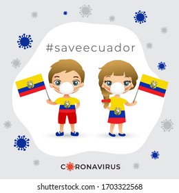 Set of boy and girl wearing surgical mask preventing coronavirus with national flag : Ecuador : Vector Illustration