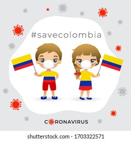 Set of boy and girl wearing surgical mask preventing coronavirus with national flag : Colombia : Vector Illustration