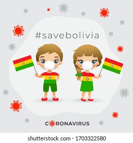Set of boy and girl wearing surgical mask preventing coronavirus with national flag : Bolivia : Vector Illustration