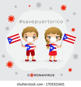 Set of boy and girl wearing surgical mask preventing coronavirus with national flag : Puerto Rico : Vector Illustration