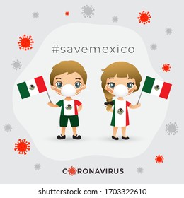 Set of boy and girl wearing surgical mask preventing coronavirus with national flag : Mexico : Vector Illustration