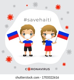 Set of boy and girl wearing surgical mask preventing coronavirus with national flag : Haiti : Vector Illustration