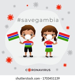 Set of boy and girl wearing surgical mask preventing coronavirus with national flag : Gambia : Vector Illustration