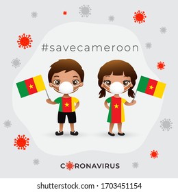 Set of boy and girl wearing surgical mask preventing coronavirus with national flag : Cameroon : Vector Illustration