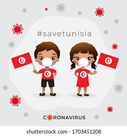 Set of boy and girl wearing surgical mask preventing coronavirus with national flag : Tunisia : Vector Illustration