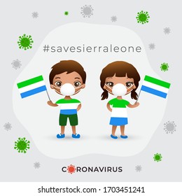 Set of boy and girl wearing surgical mask preventing coronavirus with national flag : Sierra Leone : Vector Illustration