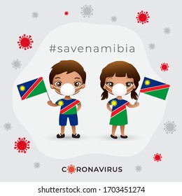 Set of boy and girl wearing surgical mask preventing coronavirus with national flag : Namibia : Vector Illustration