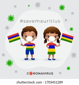 Set of boy and girl wearing surgical mask preventing coronavirus with national flag : Mauritius : Vector Illustration