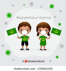 Set of boy and girl wearing surgical mask preventing coronavirus with national flag : Mauritania : Vector Illustration
