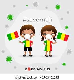 Set of boy and girl wearing surgical mask preventing coronavirus with national flag : Mali : Vector Illustration