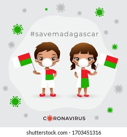 Set of boy and girl wearing surgical mask preventing coronavirus with national flag : Madagascar : Vector Illustration