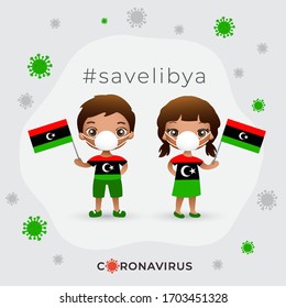 Set of boy and girl wearing surgical mask preventing coronavirus with national flag : Libya : Vector Illustration