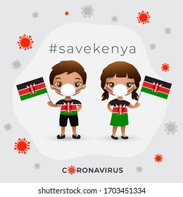 Set of boy and girl wearing surgical mask preventing coronavirus with national flag : Kenya : Vector Illustration
