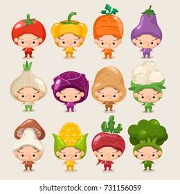 Set of boy and girl wearing vegetable shaped hat : Vector Illustration