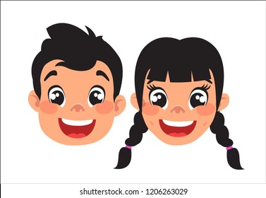 set of boy and girl's isolated heads, big black eyes, black hair, Asian, Arab, Latino, Caucasian, cartoon design, vector illustration,  (set 3/8)