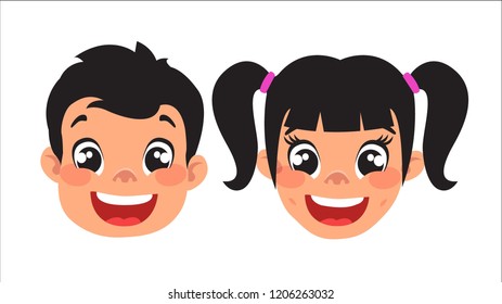 set of boy and girl's isolated heads cartoon design,, big black eyes, black hair, Asian, Arab, Latino, Caucasian, vector illustration (set 2/8)