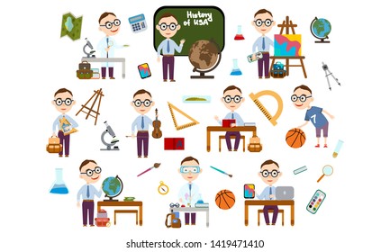 Set boy with glasses. Student in different lessons: science, history, sports, art, maths, English, information technology, music. Conducting experiments. Cute Vector Illustration
