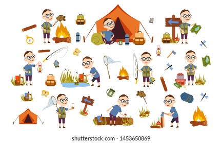 Set a boy with glasses tourist nature. Camping. Fishing, overnight, picking mushrooms, fun and relaxation. Children's camp. Scouts. Cute Vector Illustration