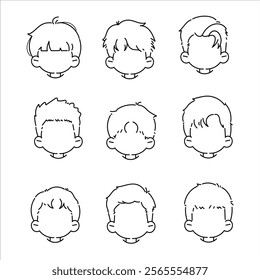 Set of Boy Haircut and head Chibi Collection. Line art Cartoon Vector Hand drawn