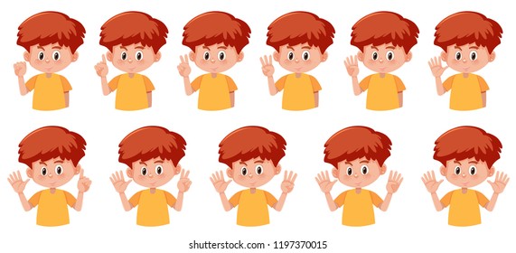 Conjunto de niños con la ilustración de gesto número de mano
