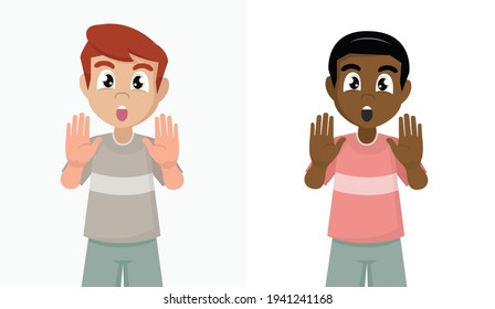 Set boy hand stop sign, vector illustration