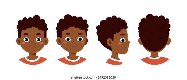 Set of boy heads. African american schoolboy from different angles of view. Pack of design elements for creating animations. Social media user. Flat vector collection isolated on white background