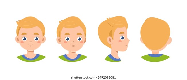 Set of boy heads. Blonde schoolboy from different angles of view. Pack of design elements for creating animations. Generator and constructor. Flat vector collection isolated on white background