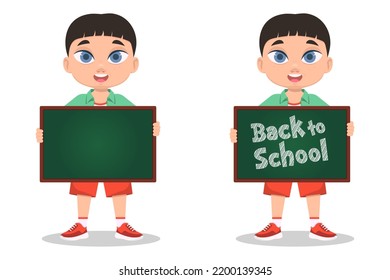 Set Of A Boy Holding A Blackboard, The Inscription Back To School, No Inscription. Vector Illustration