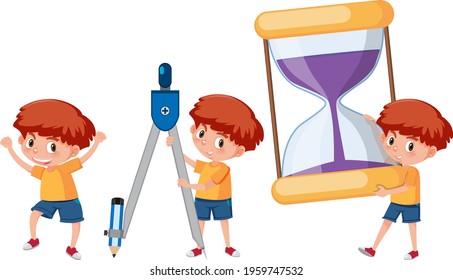 Set of a boy holding different math tools illustration