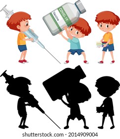 Set of a boy holding different objects vaccine concept illustration