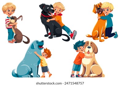 Set of boy hugging cartoon dog, Labrador Retriever, Boxer, Newfoundland, Saint Bernard, mixed breed